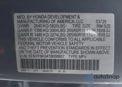2026 Honda Passport Awd Rtl/Awd Rtl Blackout/Awd Rtl Towing from USA, damaged, VIN 5FNYF9H34TB008807